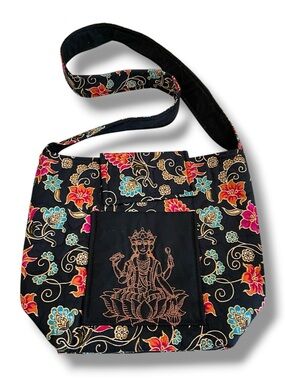 Shoulder Hobo Bag Cloth Embroidery Buddhist Deity Lotus Throne Floral